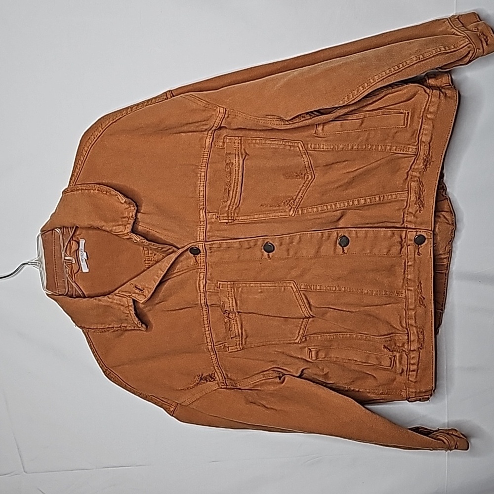 Veveret collared neck button down distressed burnt orange brown jean jacket sz M